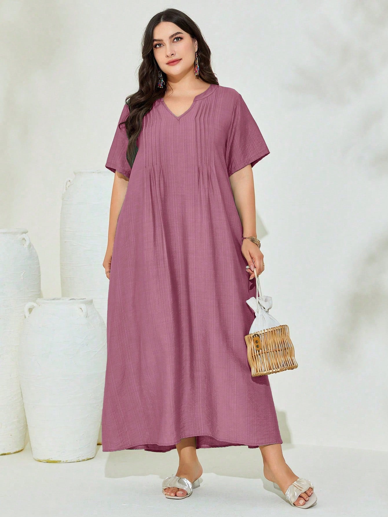 V-neck Pleated Line Plus Size Dress