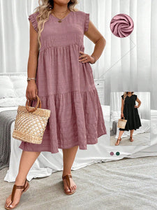 V-neck Ruffle Sleeve Flounce Hem Plus Size Dress