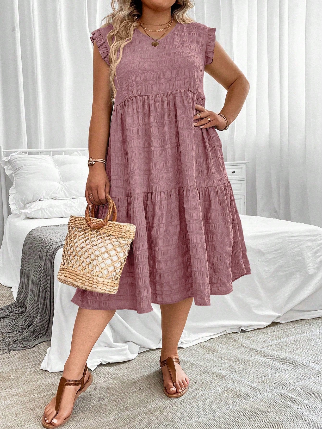 V-neck Ruffle Sleeve Flounce Hem Plus Size Dress