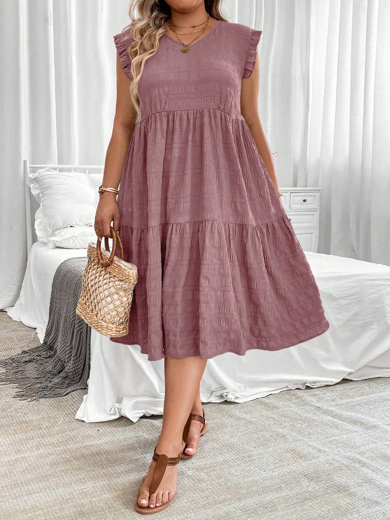 V-neck Ruffle Sleeve Flounce Hem Plus Size Dress