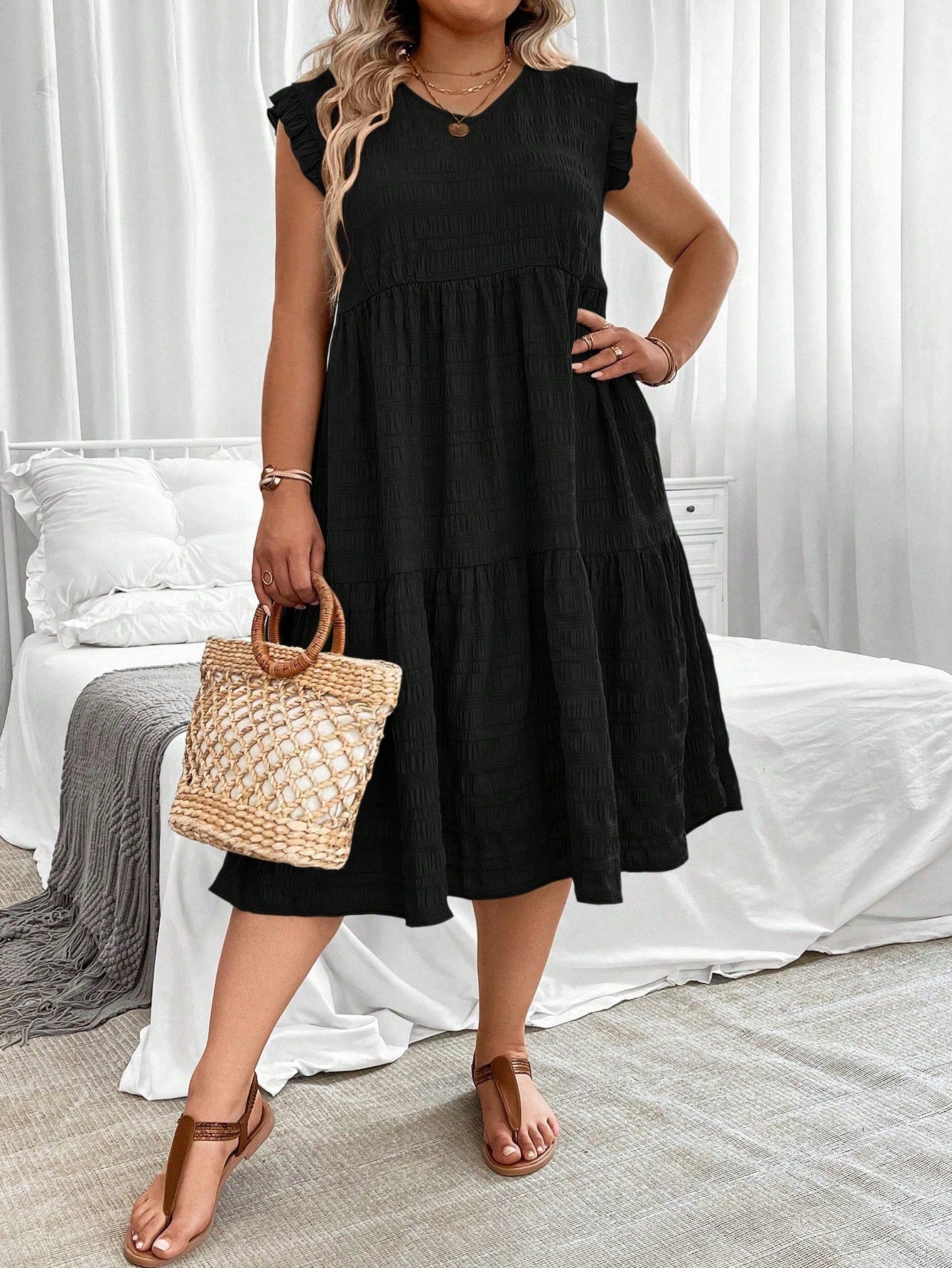 V-neck Ruffle Sleeve Flounce Hem Plus Size Dress