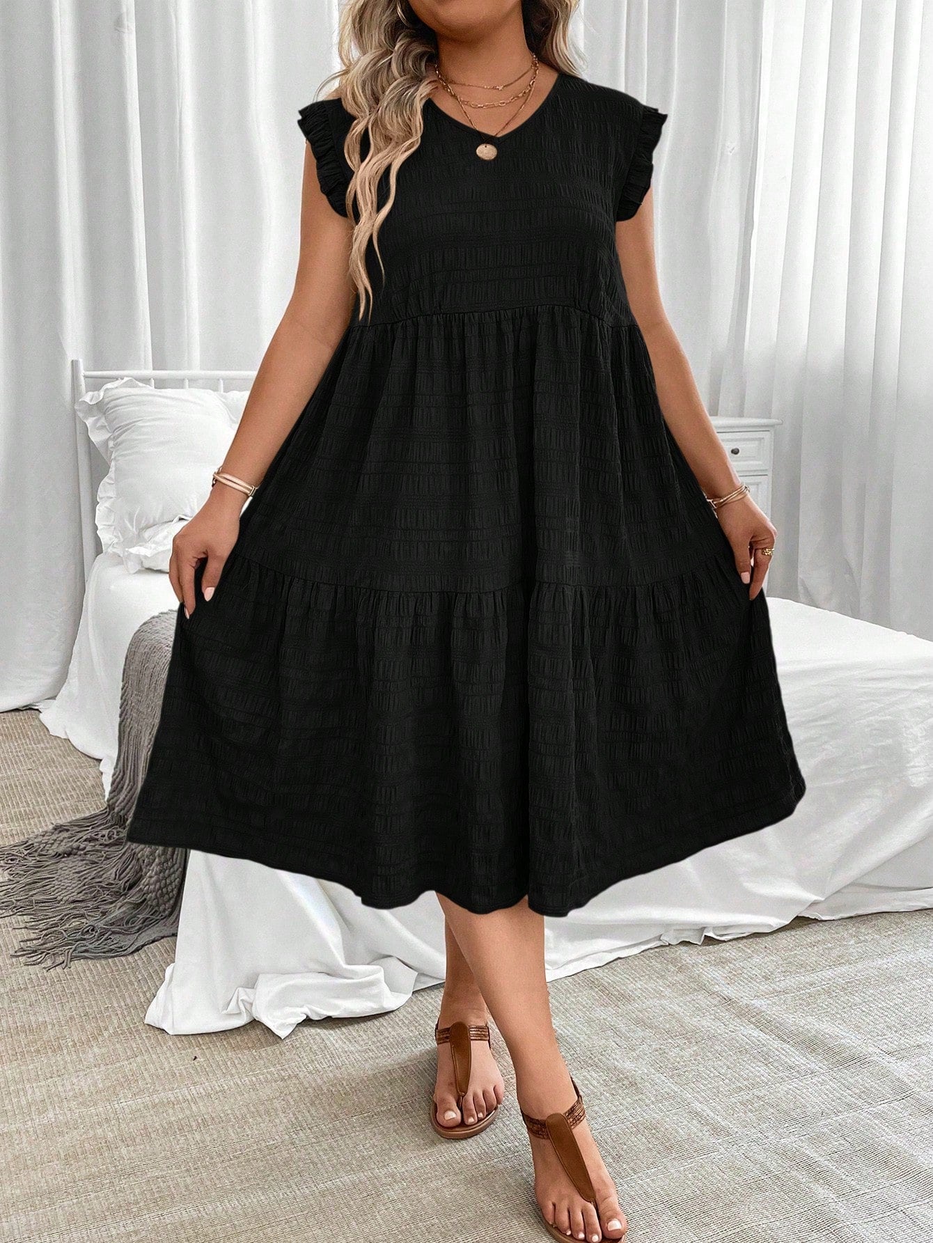 V-neck Ruffle Sleeve Flounce Hem Plus Size Dress