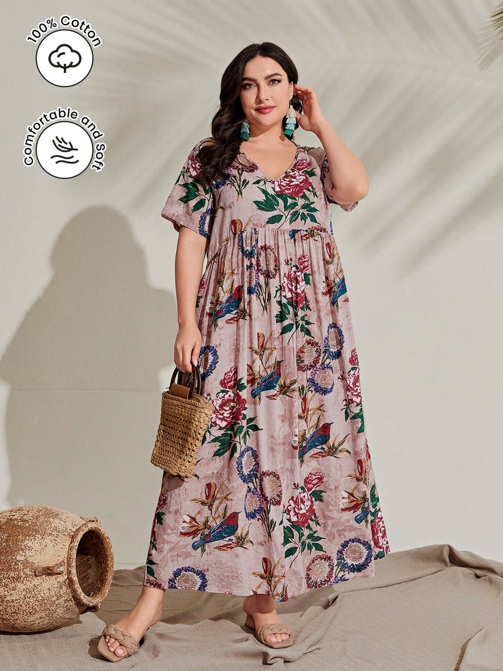 V-neck Floral Print Plus Size Dress