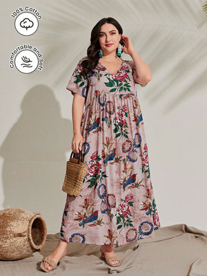 V-neck Floral Print Plus Size Dress