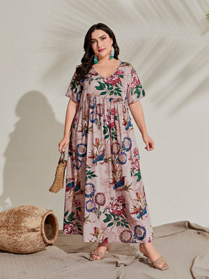 V-neck Floral Print Plus Size Dress