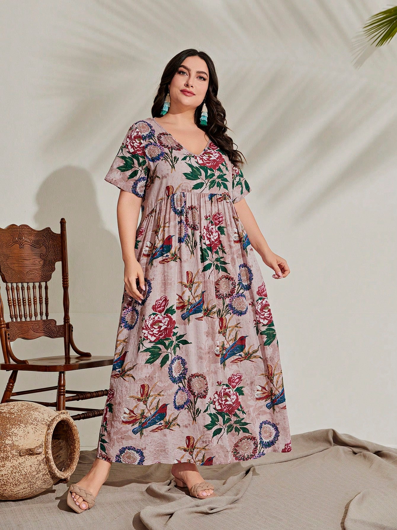 V-neck Floral Print Plus Size Dress