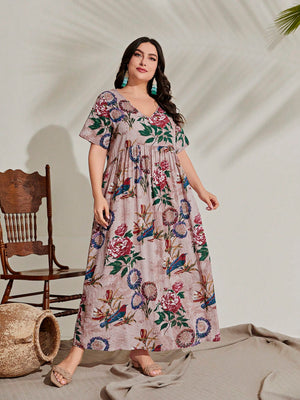 V-neck Floral Print Plus Size Dress