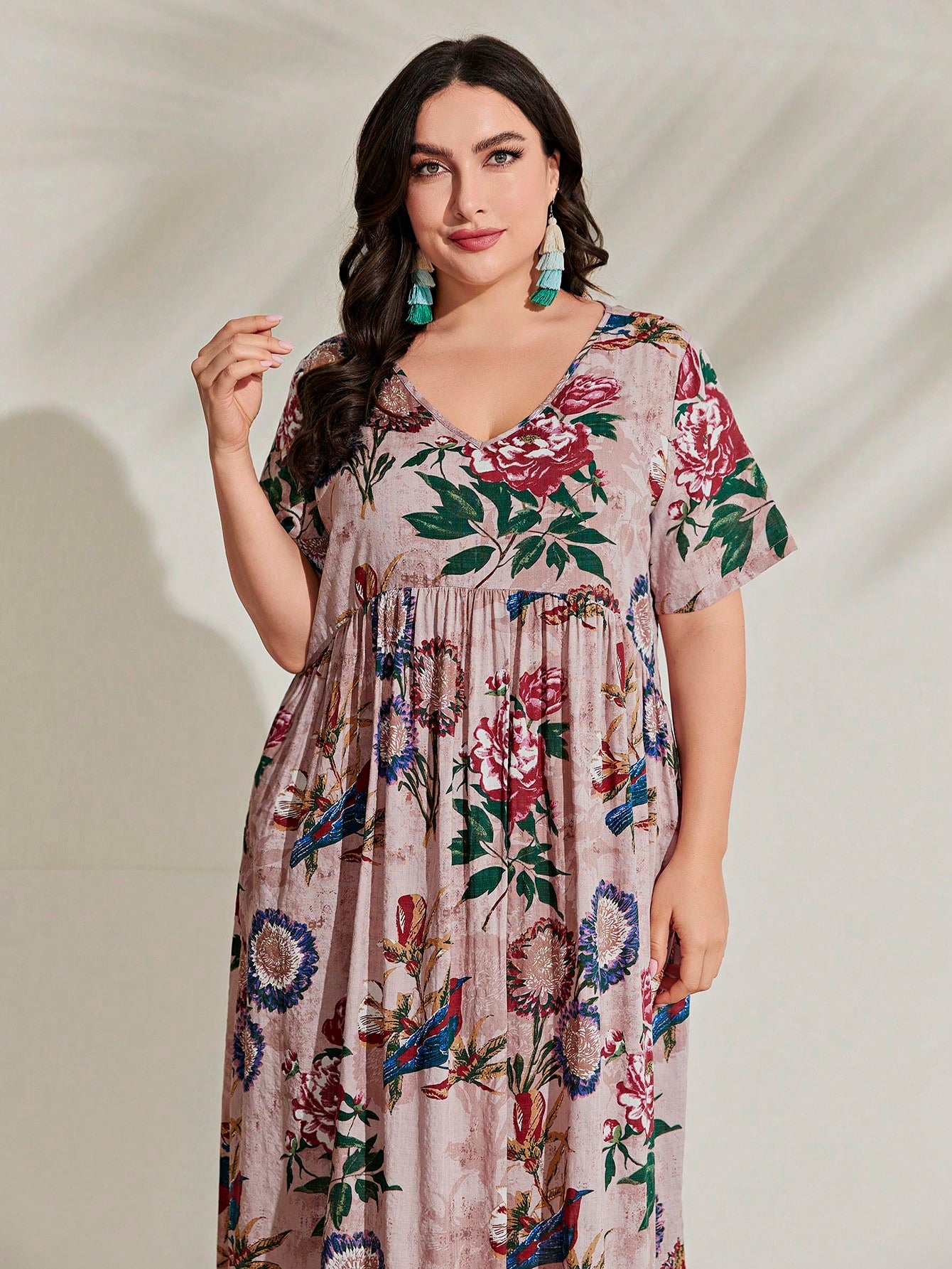 V-neck Floral Print Plus Size Dress