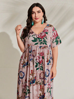 V-neck Floral Print Plus Size Dress