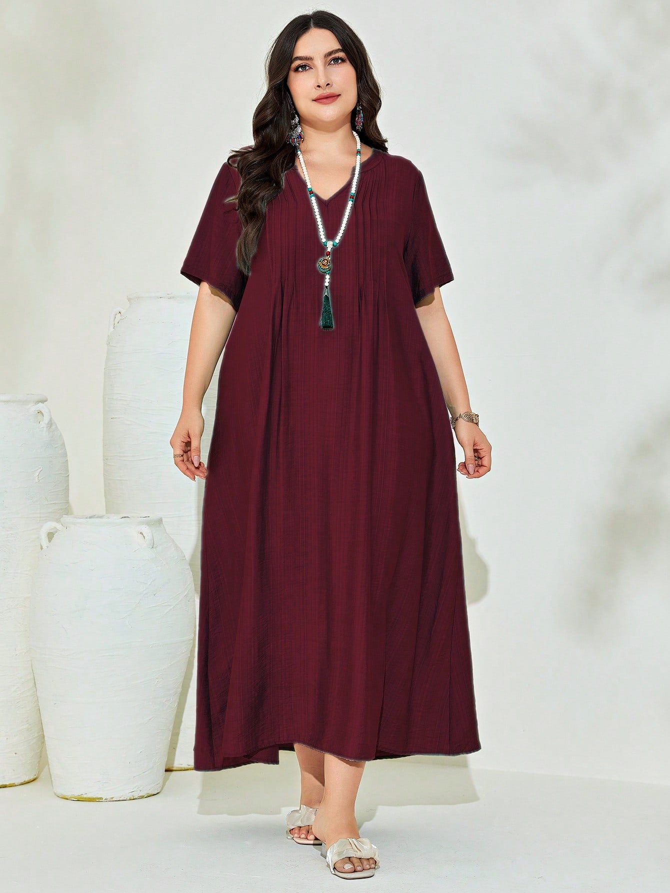 V-neck Pleated Line Plus Size Dress