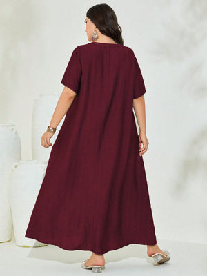 V-neck Pleated Line Plus Size Dress