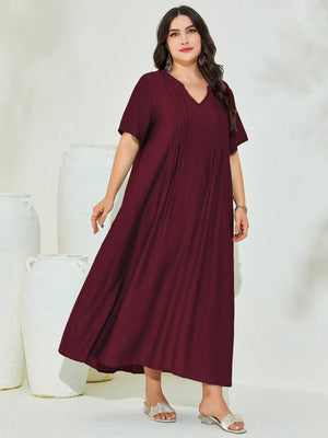 V-neck Pleated Line Plus Size Dress