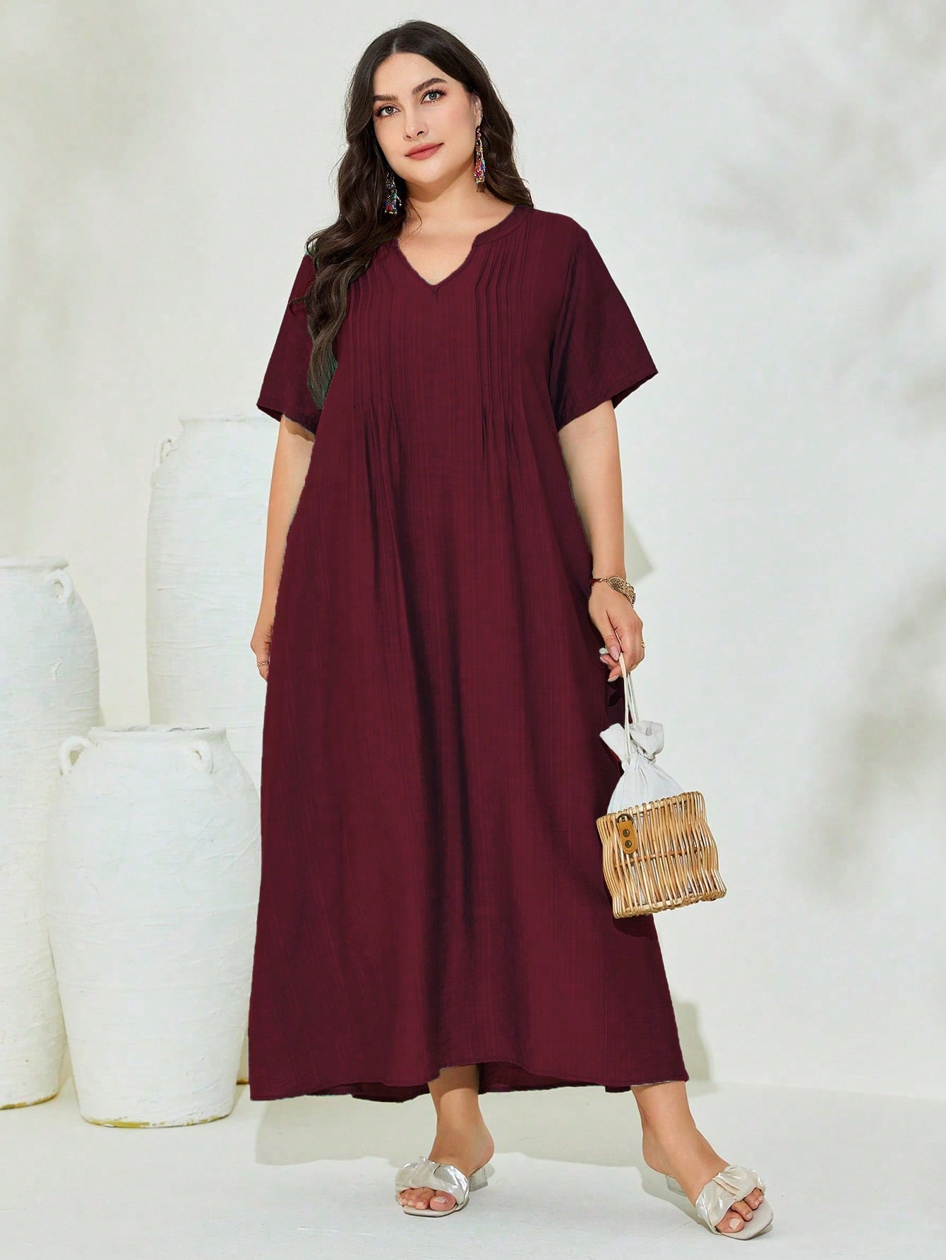 V-neck Pleated Line Plus Size Dress