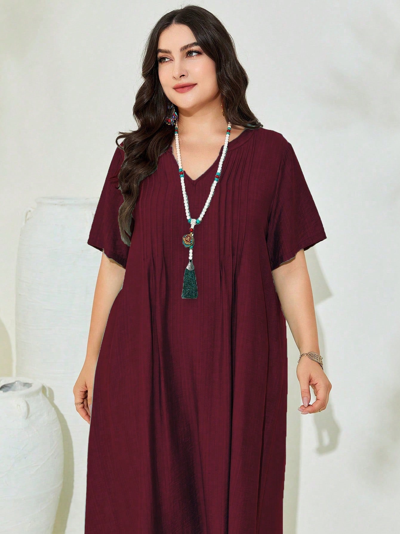 V-neck Pleated Line Plus Size Dress