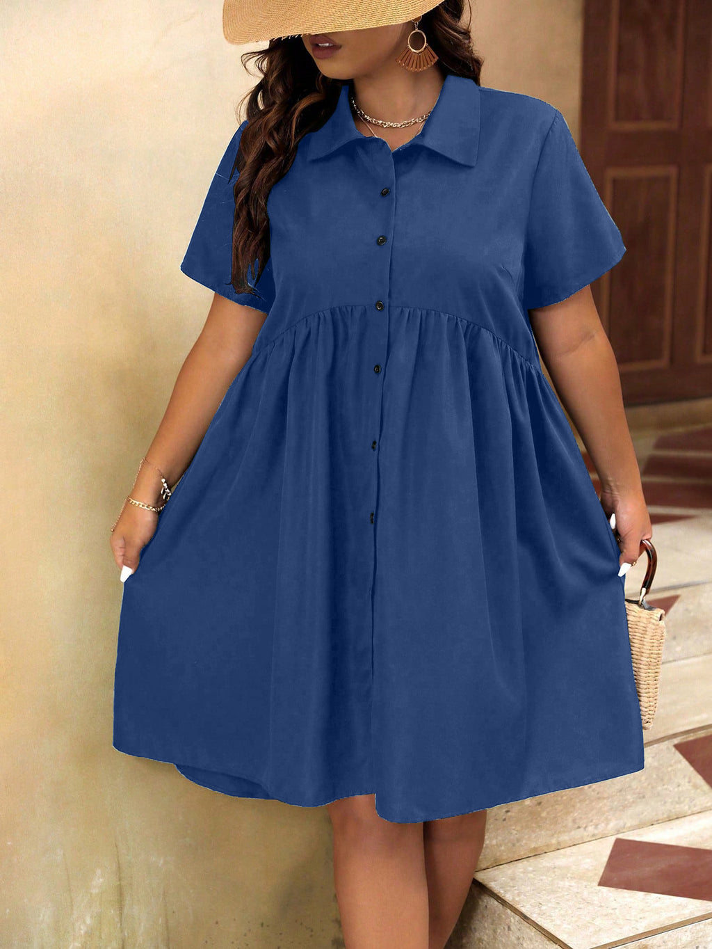 Button Down Polo Neck Plus Size Shirt Dress