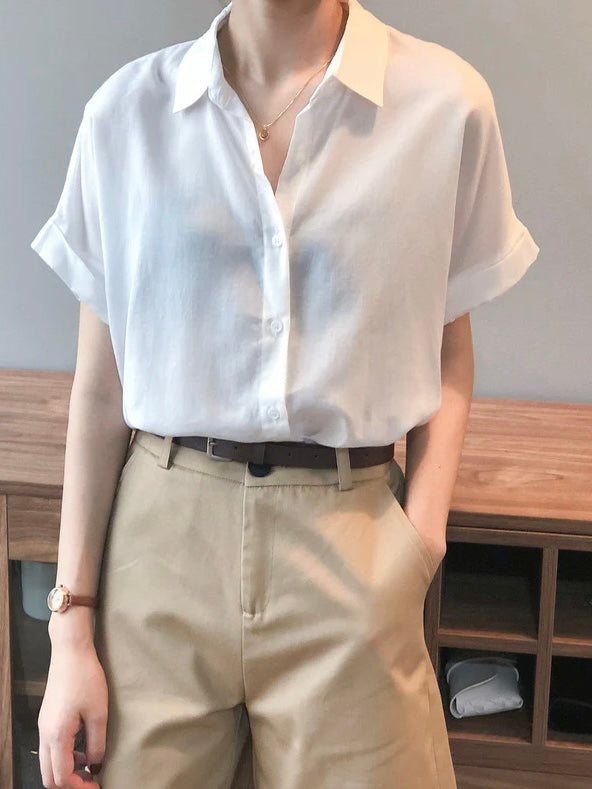 Button Down Fold-up Sleeve Polo Shirt Top