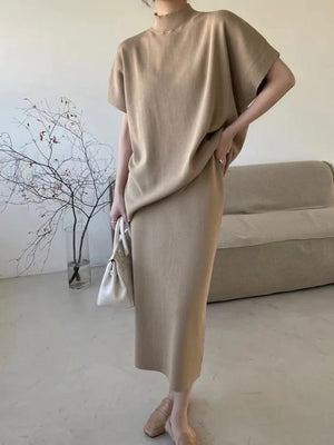 High Quality Knitted Loose Turtle Neck Top & Back Slit Skirt 2 in 1 Coords Terno