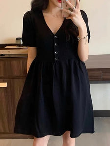 Button-down V-neck Combo Knitted Dress
