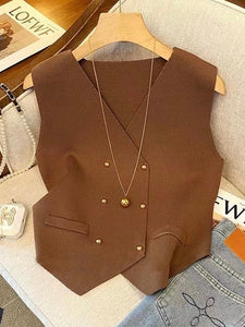 Button Down w/ False Side Pocket V-neck Knitted Vest Top