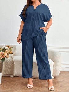 Fold-up Batwing Sleeve Top & Side Pocket Fold-up Leg Garter Pants Plus Size Terno Set Coords