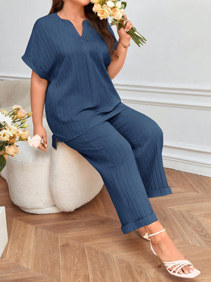 Fold-up Batwing Sleeve Top & Side Pocket Fold-up Leg Garter Pants Plus Size Terno Set Coords