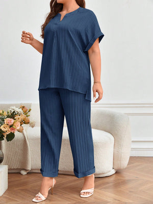 Fold-up Batwing Sleeve Top & Side Pocket Fold-up Leg Garter Pants Plus Size Terno Set Coords