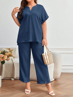 Fold-up Batwing Sleeve Top & Side Pocket Fold-up Leg Garter Pants Plus Size Terno Set Coords