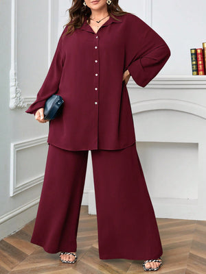 Button Down Long Sleeve Polo Neck Shirt Top & Wide Leg Pants Plus Size Terno Set Coords