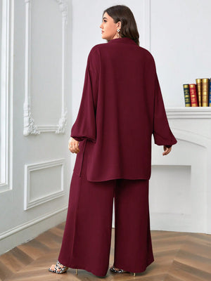 Button Down Long Sleeve Polo Neck Shirt Top & Wide Leg Pants Plus Size Terno Set Coords