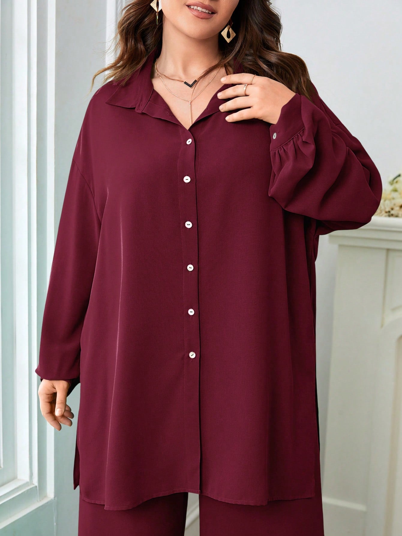 Button Down Long Sleeve Polo Neck Shirt Top & Wide Leg Pants Plus Size Terno Set Coords