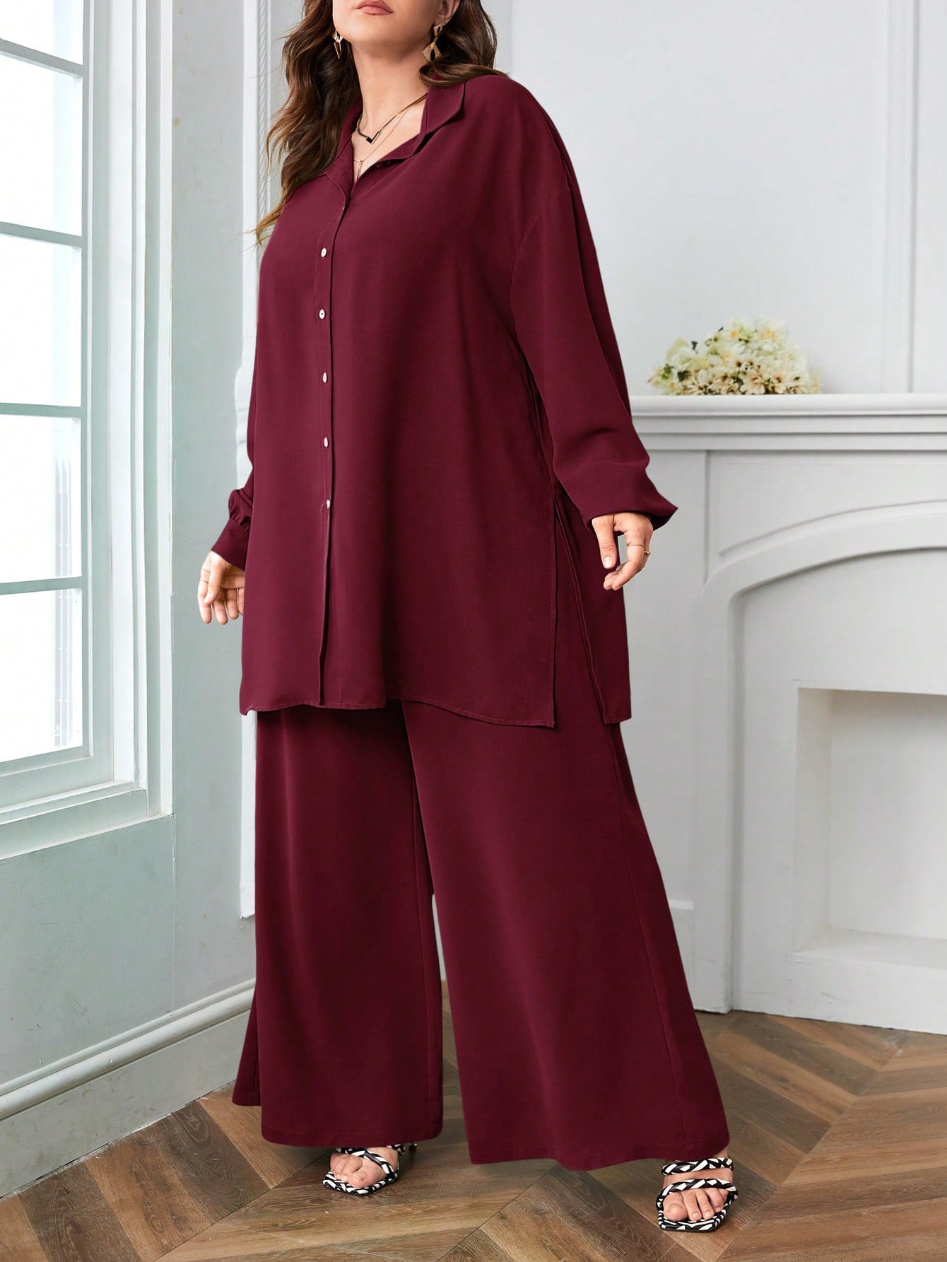 Button Down Long Sleeve Polo Neck Shirt Top & Wide Leg Pants Plus Size Terno Set Coords