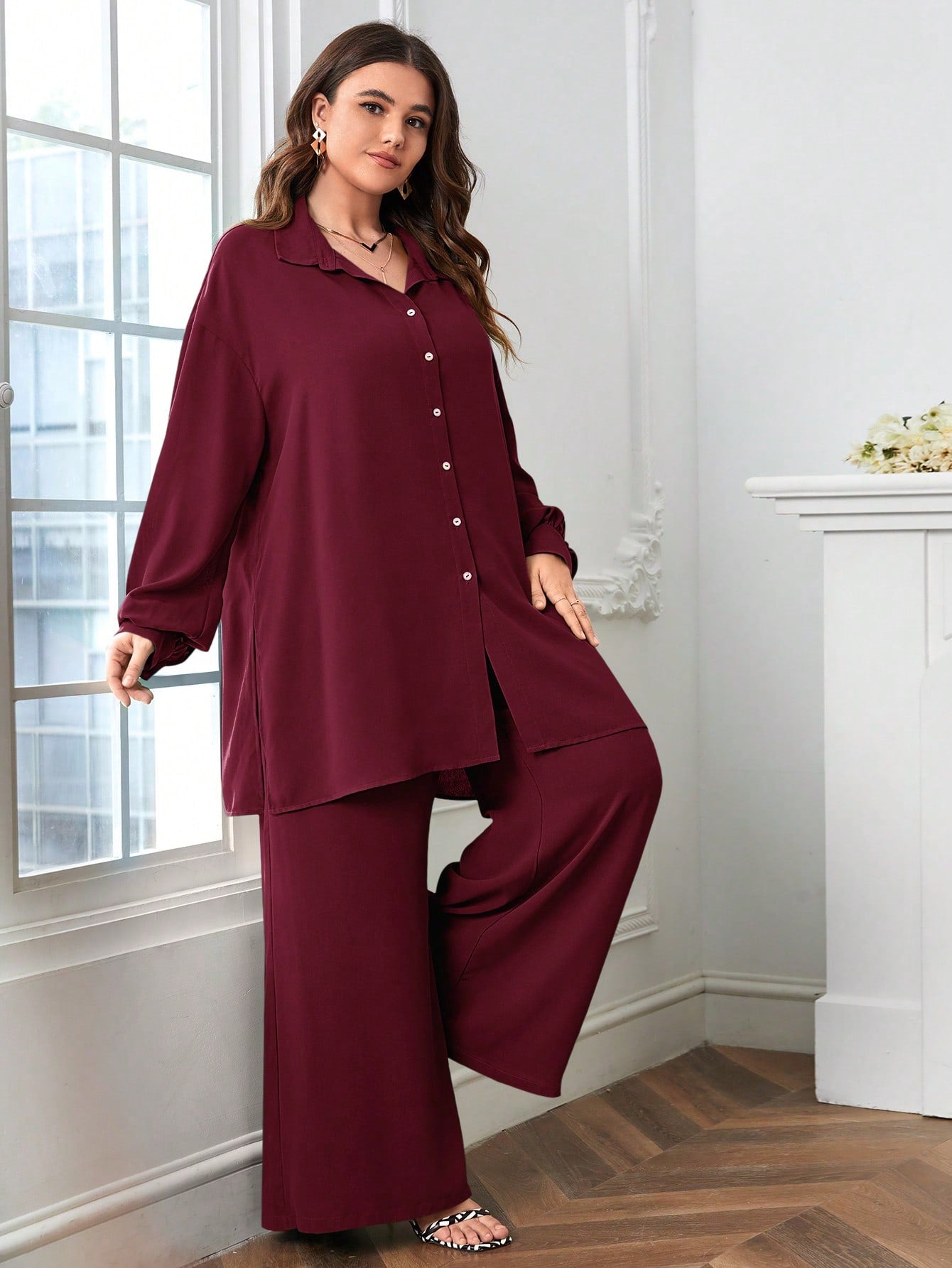 Button Down Long Sleeve Polo Neck Shirt Top & Wide Leg Pants Plus Size Terno Set Coords