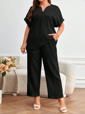 Fold-up Batwing Sleeve Top & Side Pocket Fold-up Leg Garter Pants Plus Size Terno Set Coords