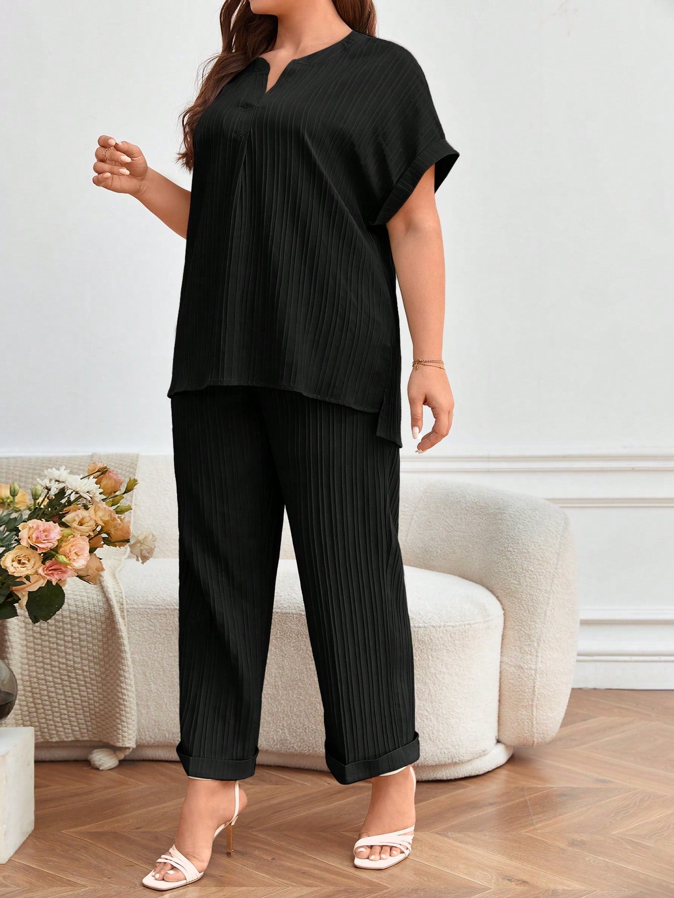 Fold-up Batwing Sleeve Top & Side Pocket Fold-up Leg Garter Pants Plus Size Terno Set Coords