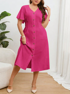 V-neck Button Down Solid Plus Size Dress