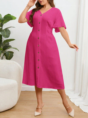 V-neck Button Down Solid Plus Size Dress