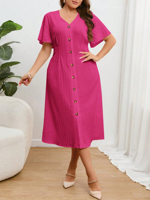 V-neck Button Down Solid Plus Size Dress