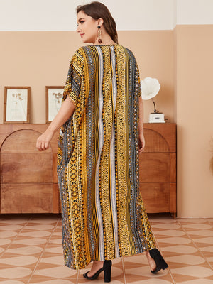 Side Pocket Batwing Sleeve Vintage Print Plus Size Long Dress