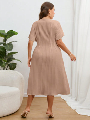 V-neck Button Down Solid Plus Size Dress