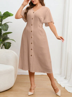 V-neck Button Down Solid Plus Size Dress