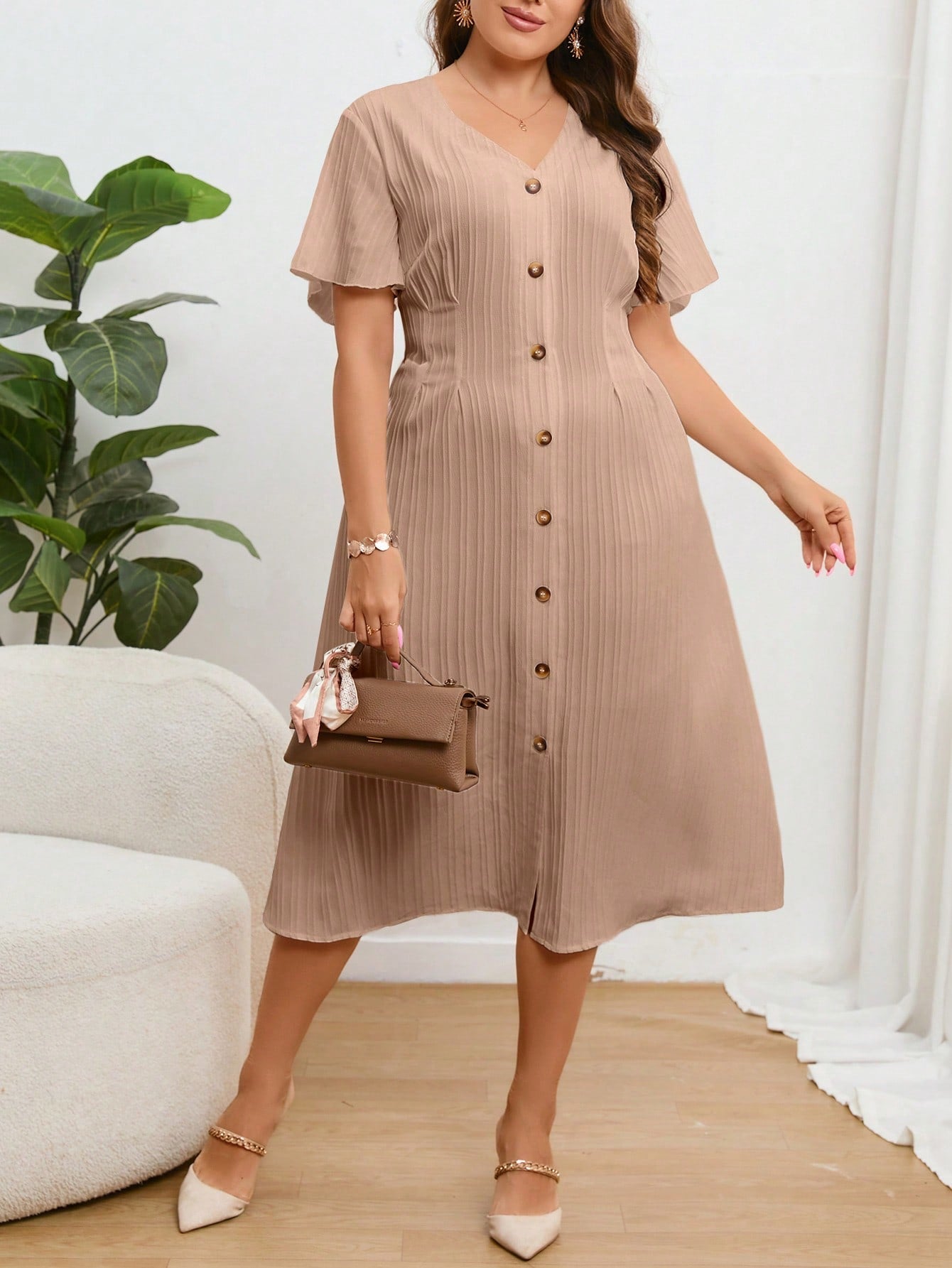 V-neck Button Down Solid Plus Size Dress