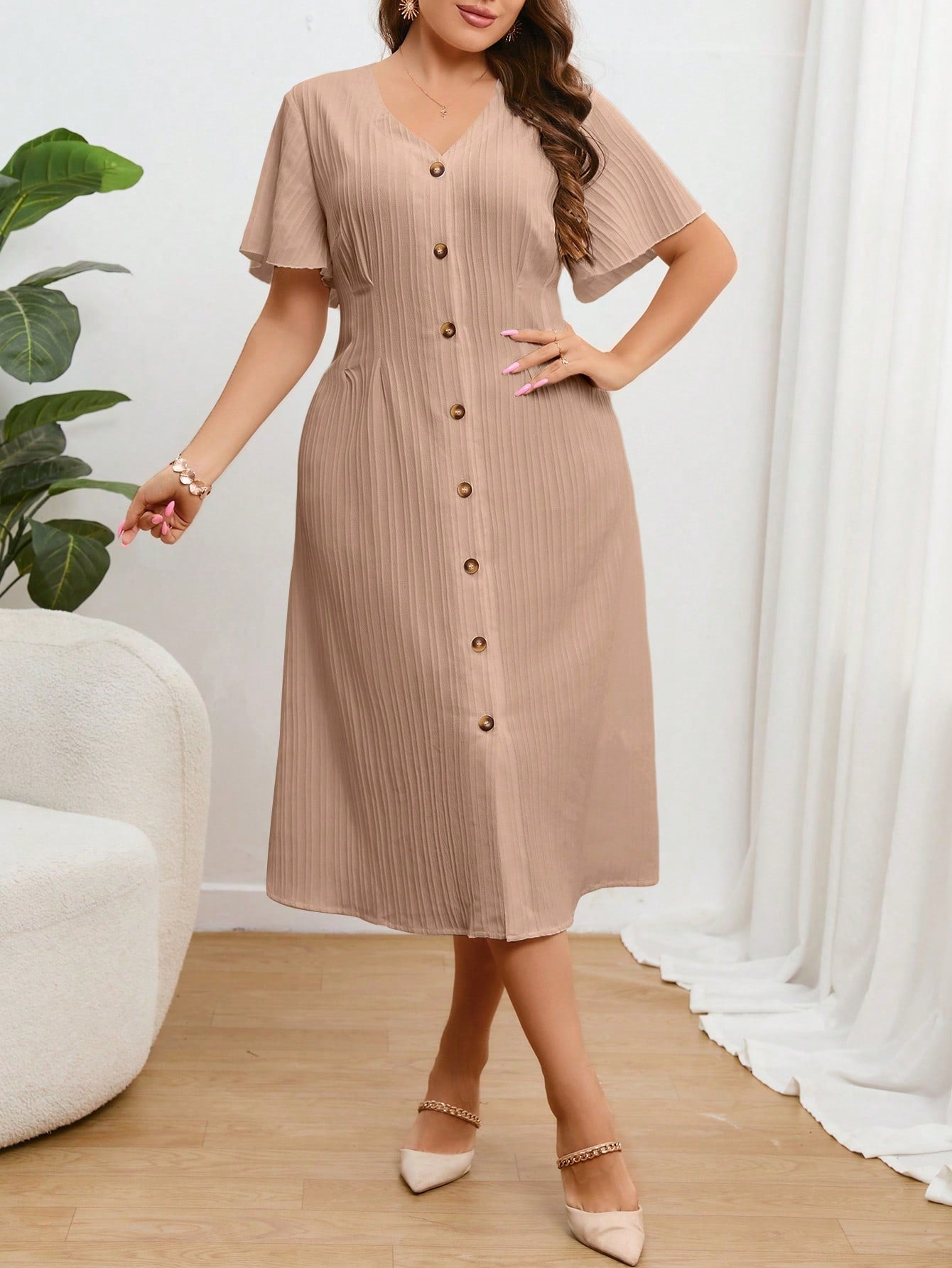 V-neck Button Down Solid Plus Size Dress