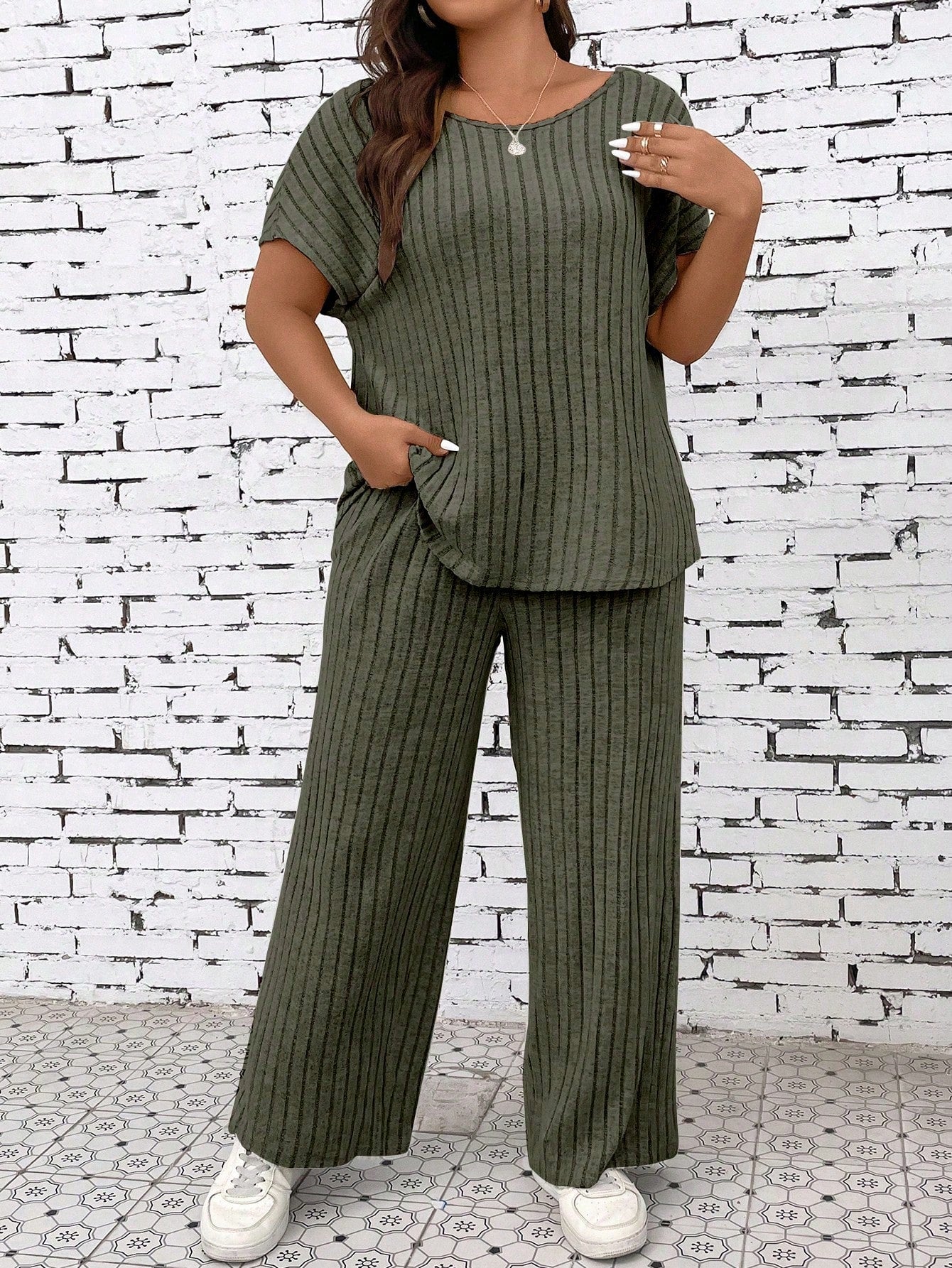 Rib Knitted Cotton Top & Garter Pants Plus Size Terno Set Coords