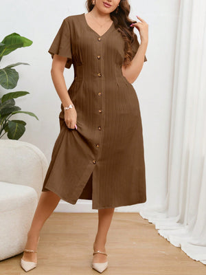 V-neck Button Down Solid Plus Size Dress