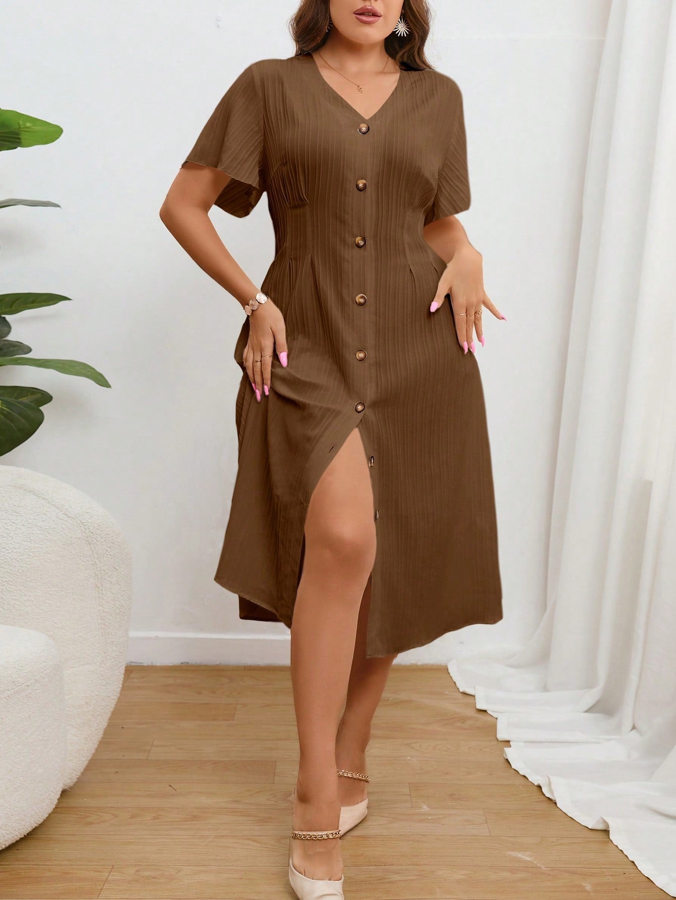 V-neck Button Down Solid Plus Size Dress