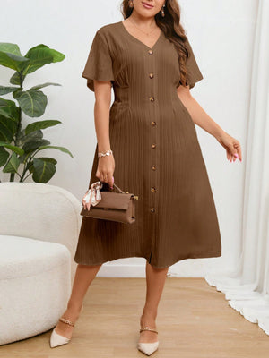 V-neck Button Down Solid Plus Size Dress