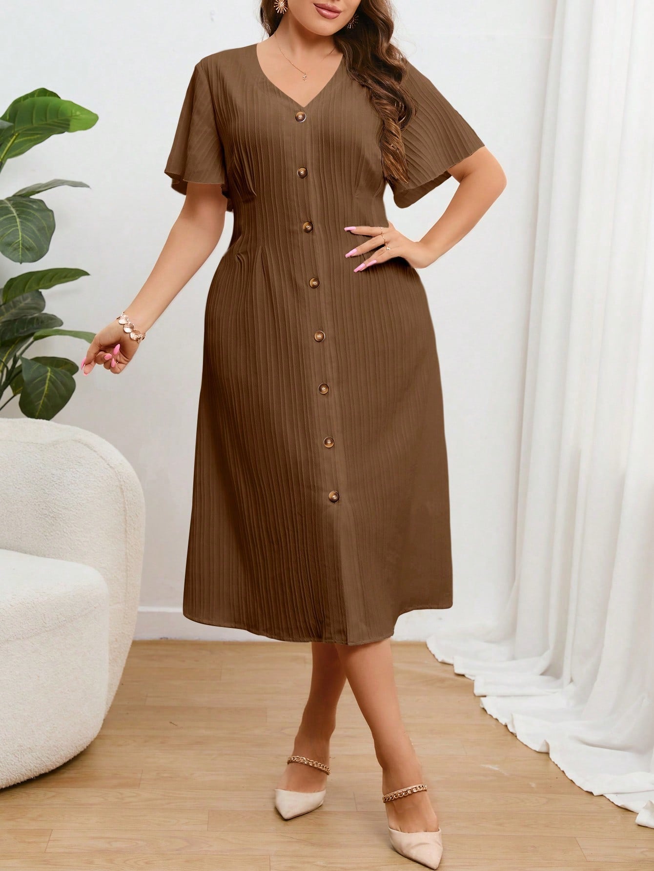 V-neck Button Down Solid Plus Size Dress