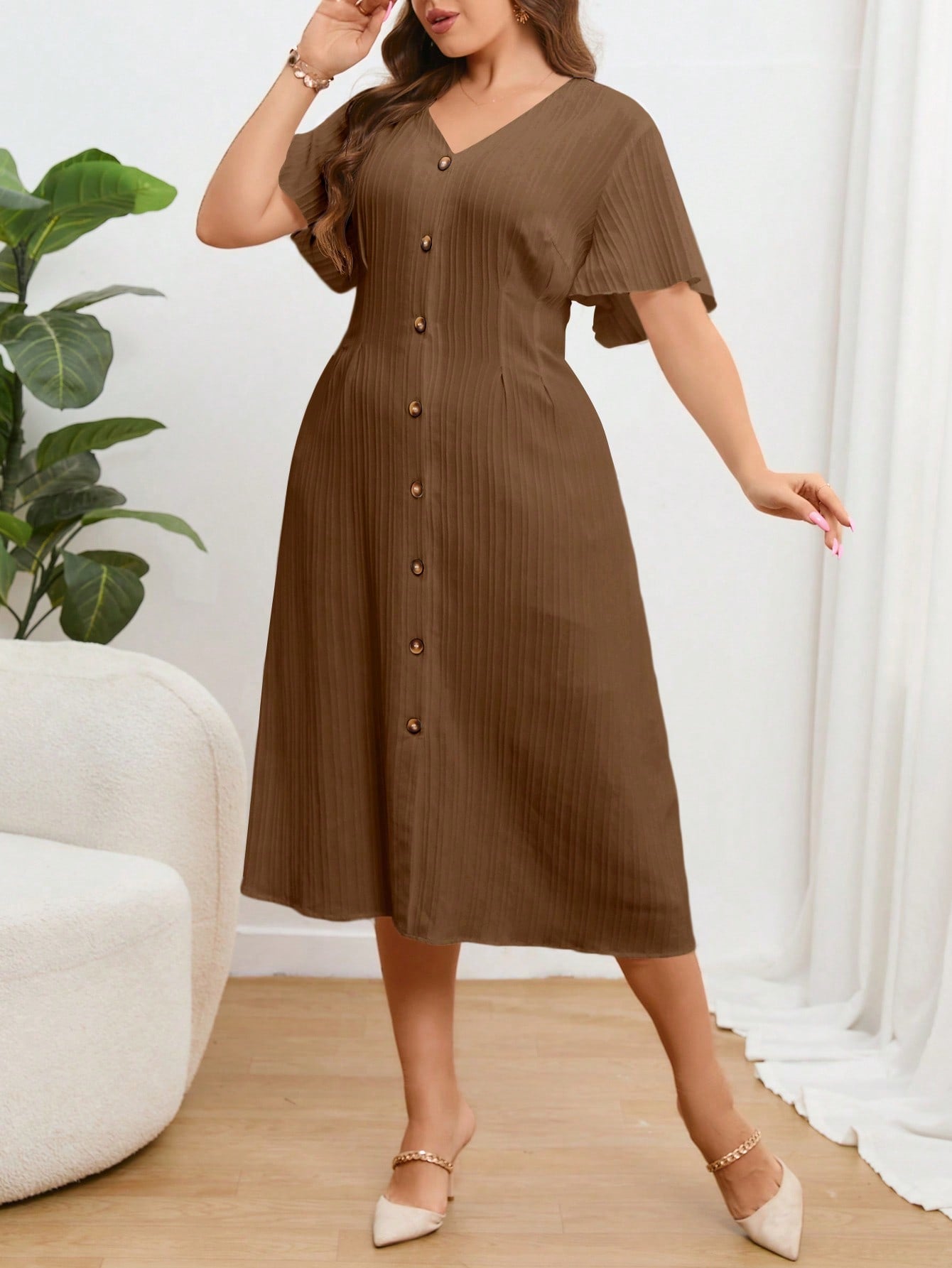 V-neck Button Down Solid Plus Size Dress