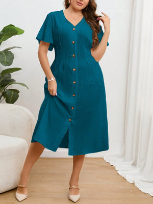 V-neck Button Down Solid Plus Size Dress