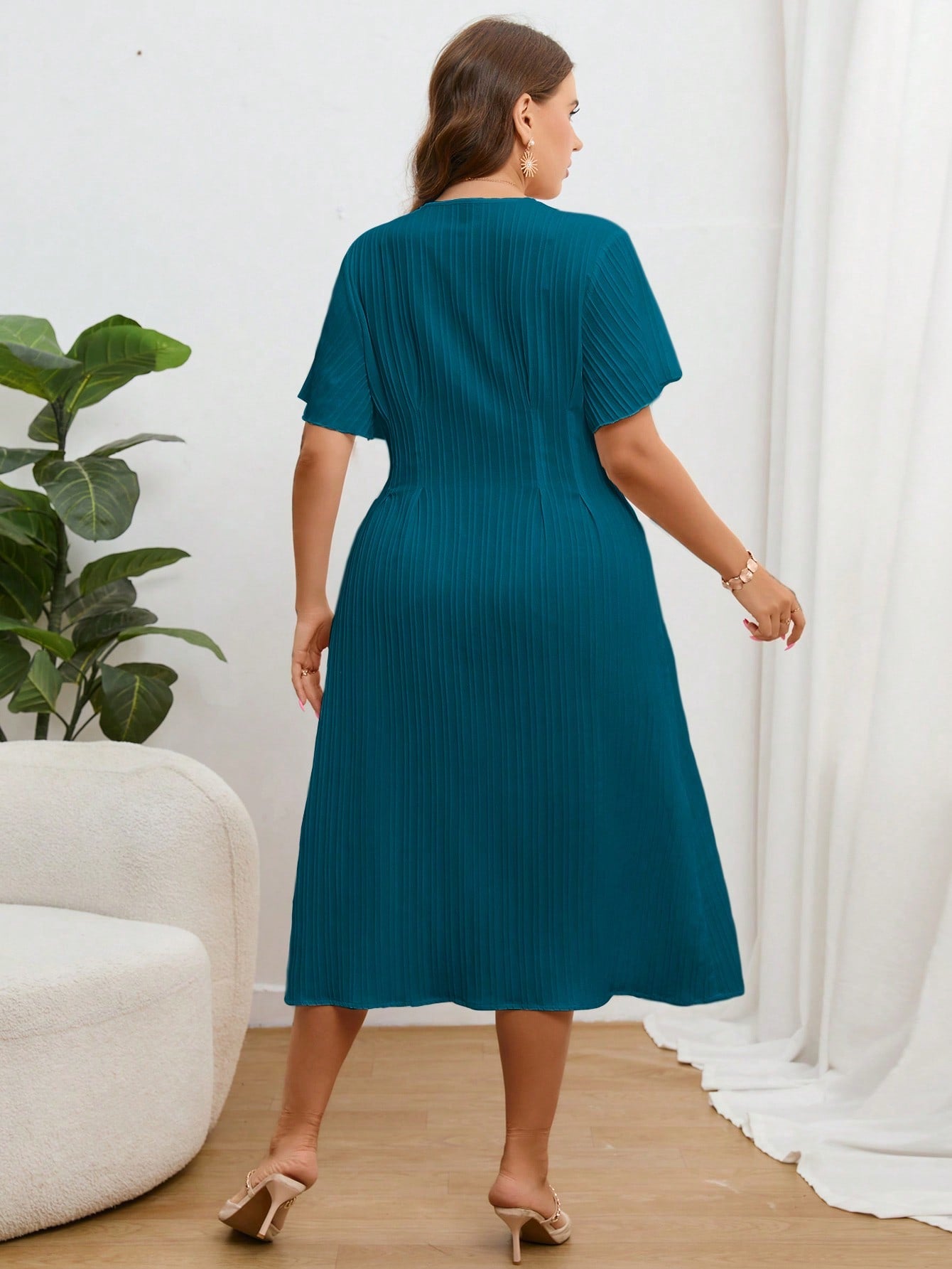 V-neck Button Down Solid Plus Size Dress